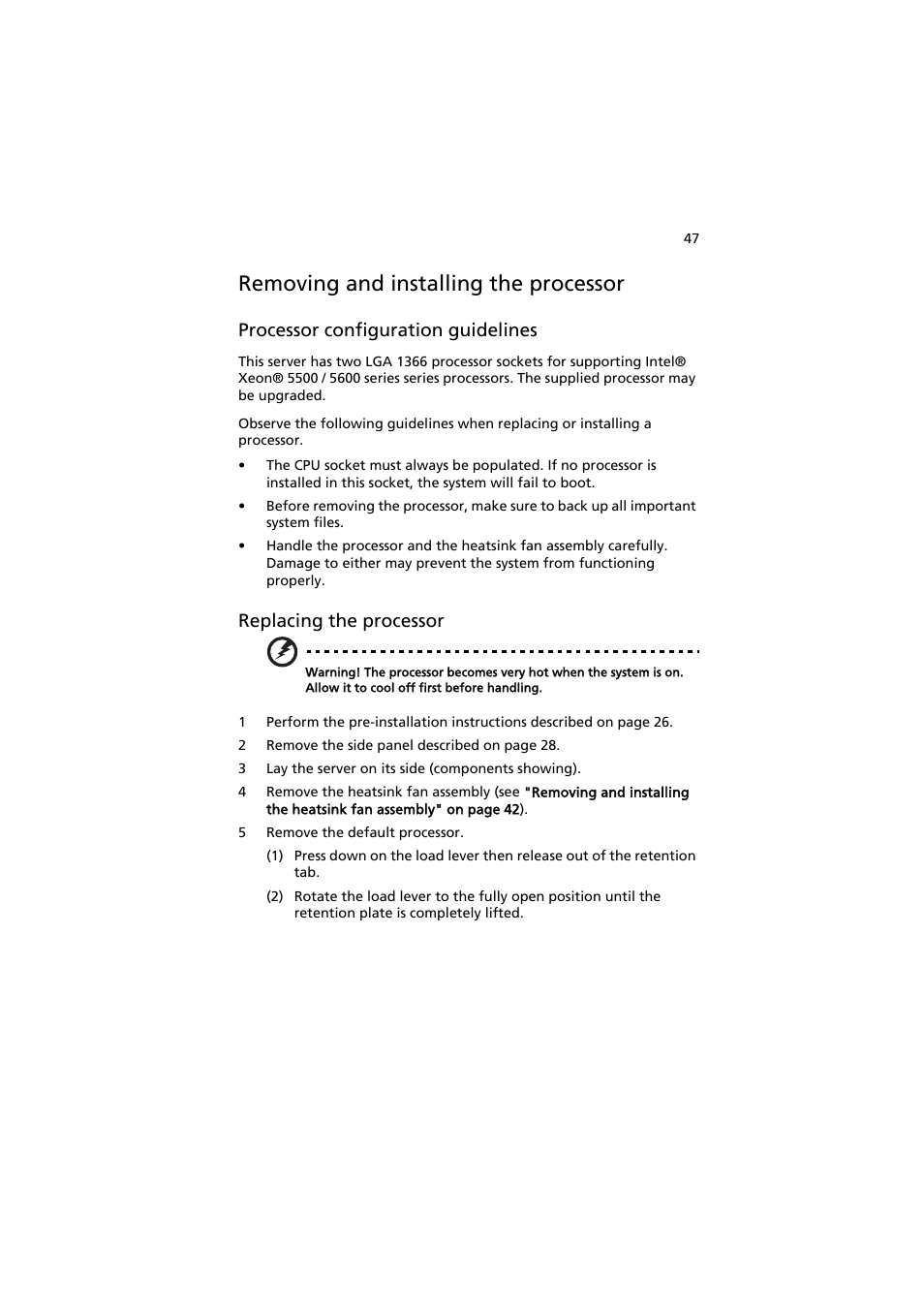 Removing and installing the processor, Processor configuration guidelines, Replacing the processor | Acer AT150 F1 User Manual | Page 59 / 182