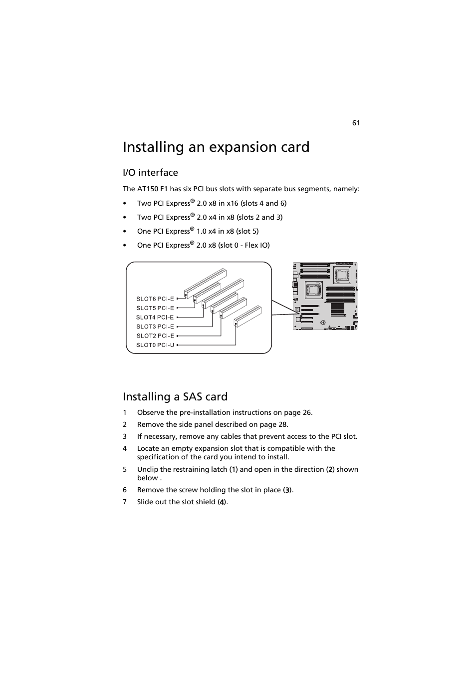 Installing an expansion card, Installing a sas card, I/o interface | Acer AT150 F1 User Manual | Page 73 / 182