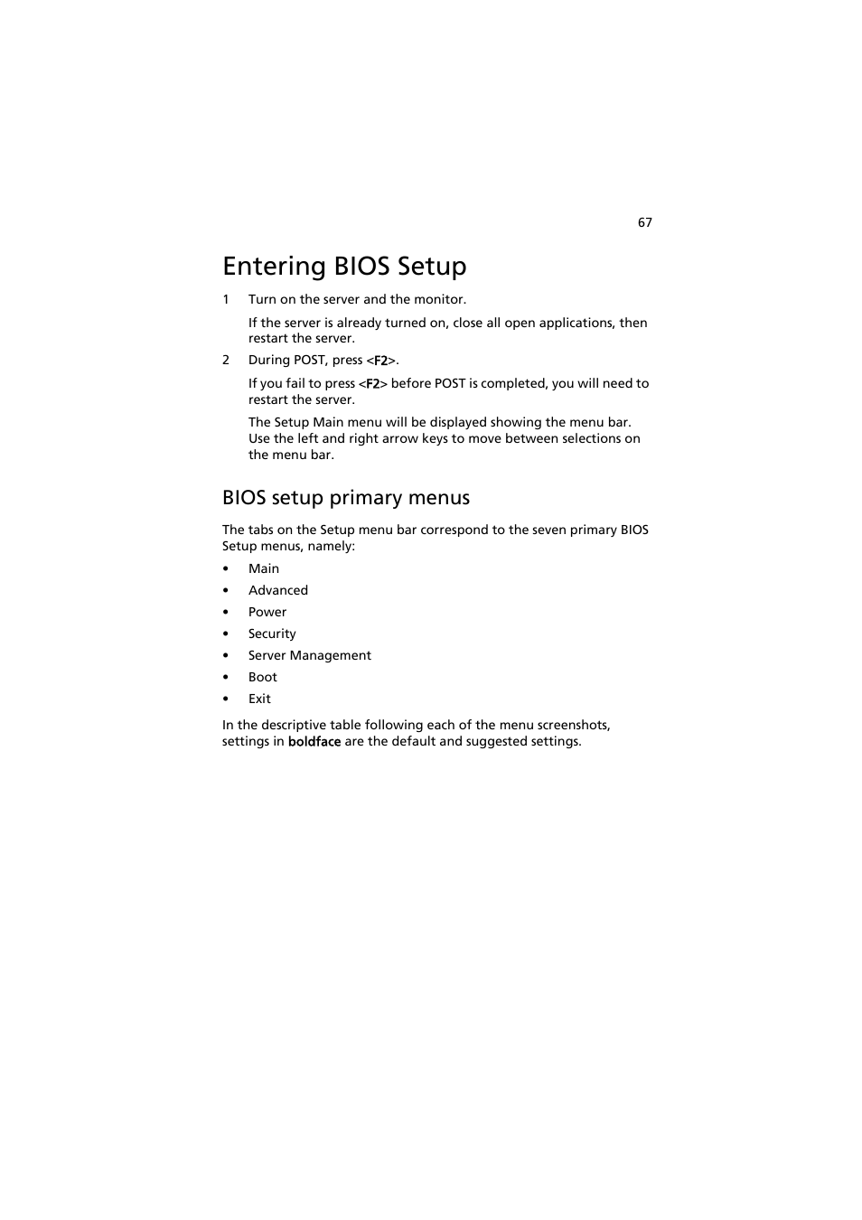 Entering bios setup, Bios setup primary menus | Acer AT150 F1 User Manual | Page 79 / 182