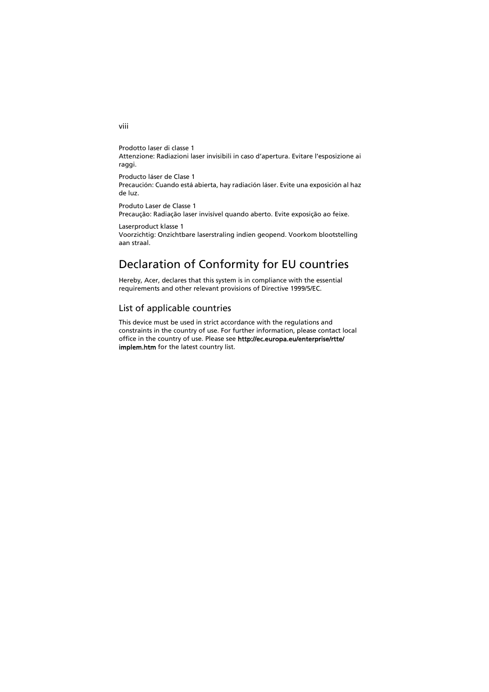 Declaration of conformity for eu countries | Acer AT150 F1 User Manual | Page 8 / 182