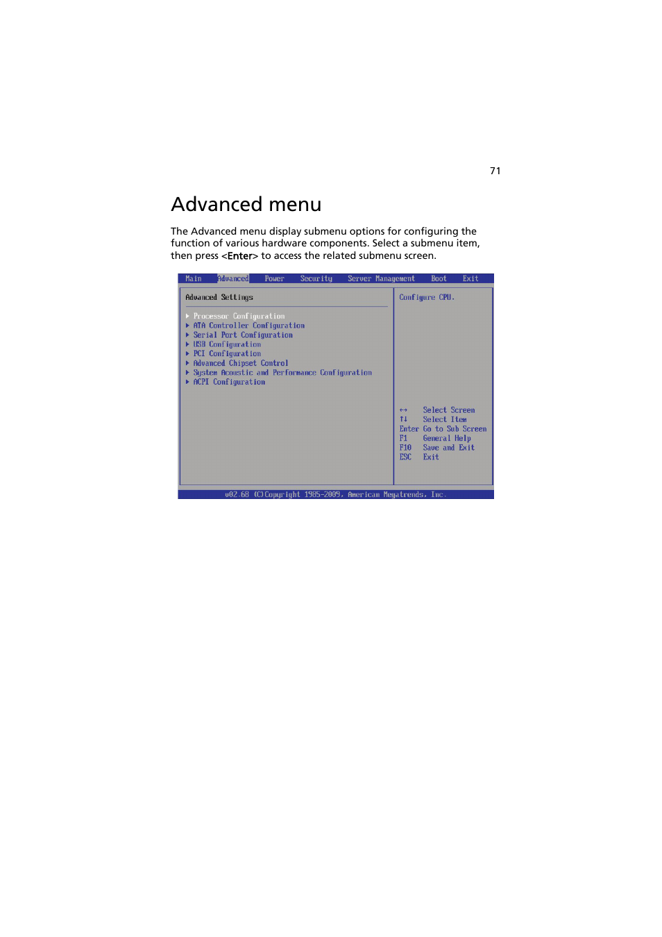 Advanced menu | Acer AT150 F1 User Manual | Page 83 / 182