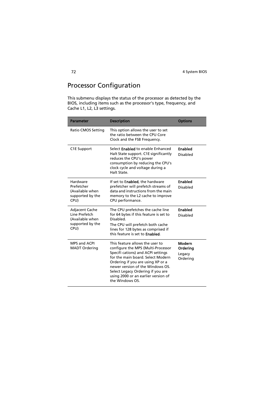 Processor configuration | Acer AT150 F1 User Manual | Page 84 / 182