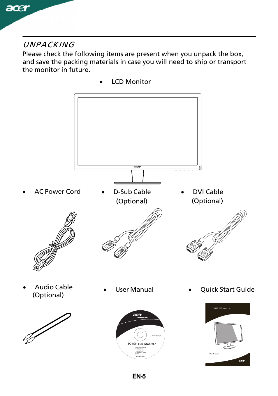 Unpacking | Acer P236H User Manual | Page 6 / 23