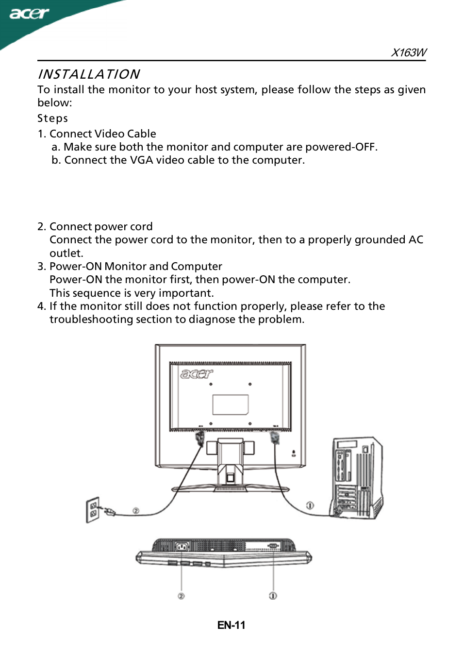 Installation | Acer X163W User Manual | Page 12 / 23