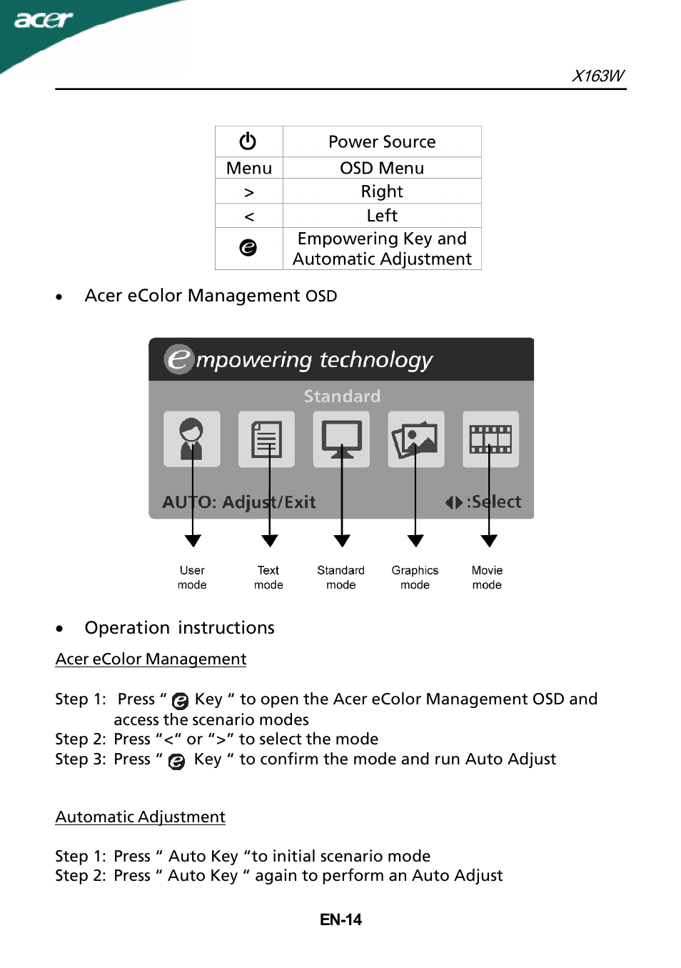 Acer X163W User Manual | Page 15 / 23