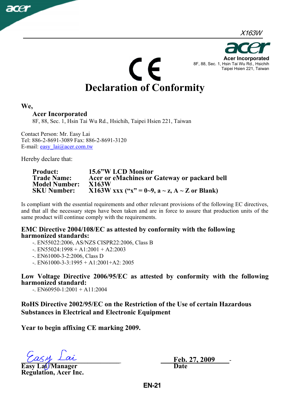 Declaration of conformity | Acer X163W User Manual | Page 22 / 23