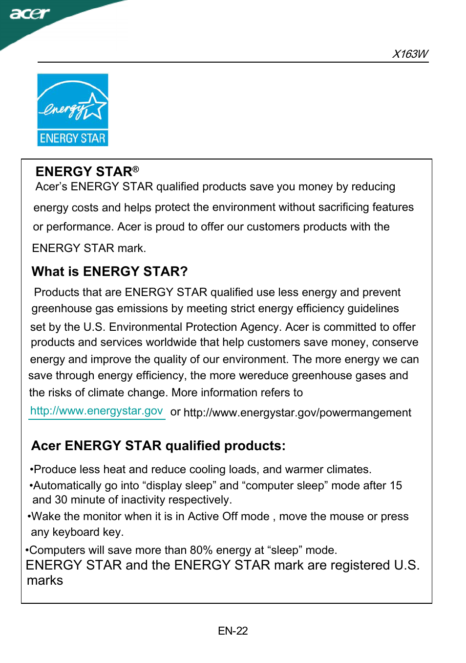 Energy star, What is energy star, Acer energy star qualified products | Marks | Acer X163W User Manual | Page 23 / 23