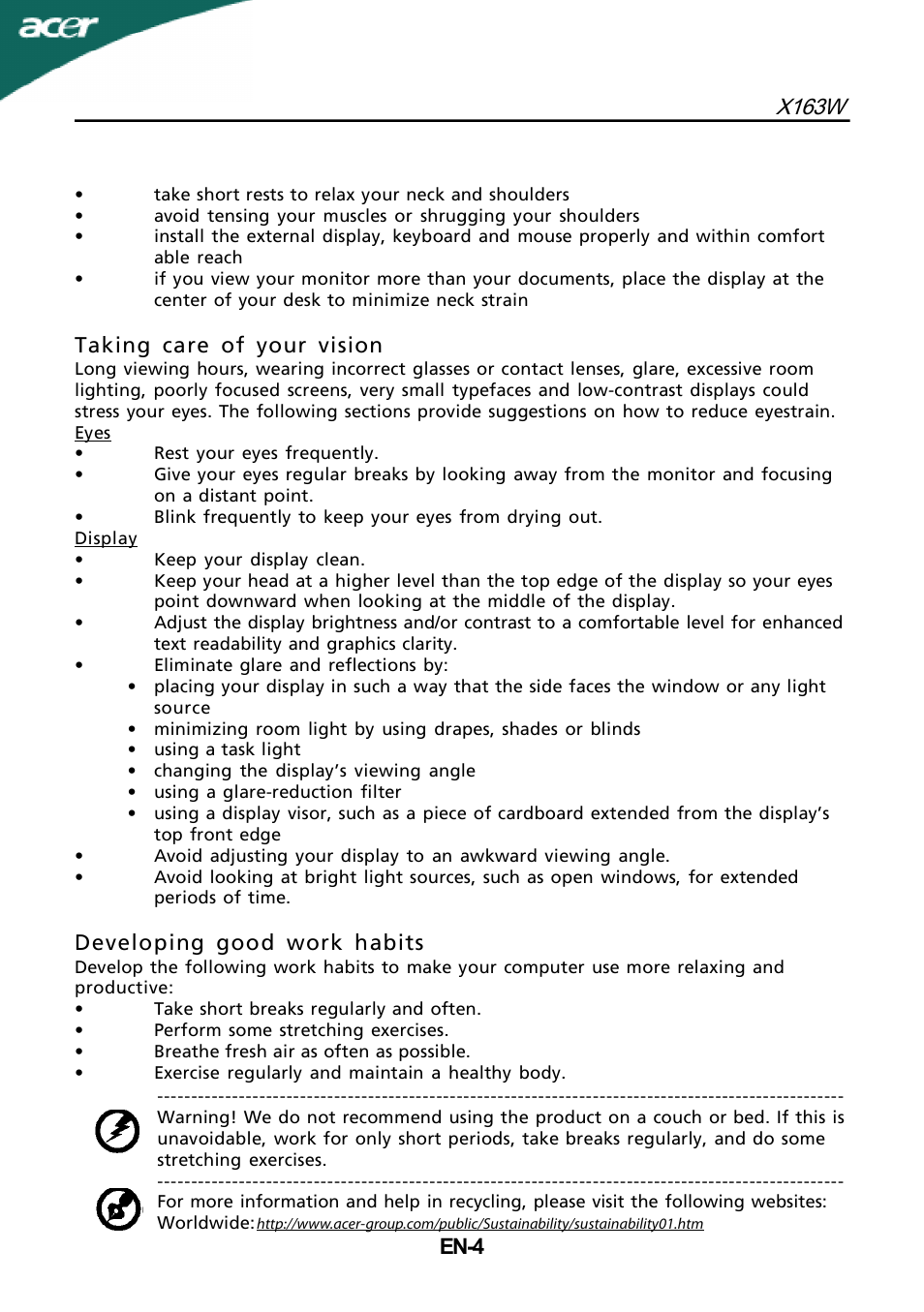 X163w, En-4, Taking care of your vision | Developing good work habits | Acer X163W User Manual | Page 5 / 23