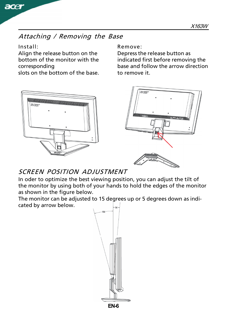 Attaching / removing the base, Screen position adjustment | Acer X163W User Manual | Page 7 / 23