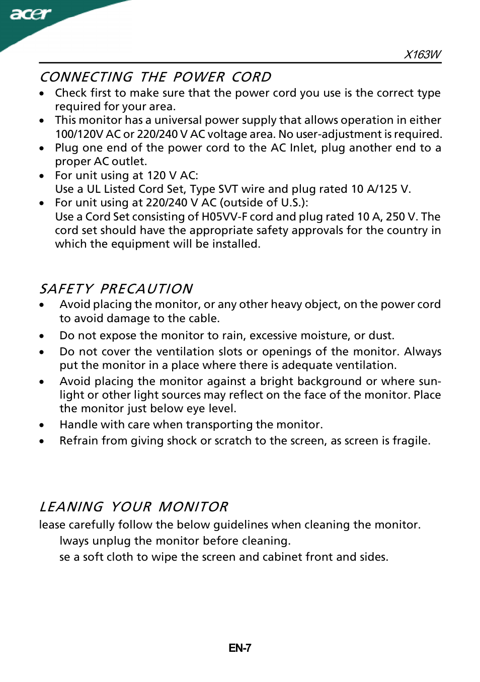 Connecting the power cord, Safety precaution, Leaning your monitor | Acer X163W User Manual | Page 8 / 23