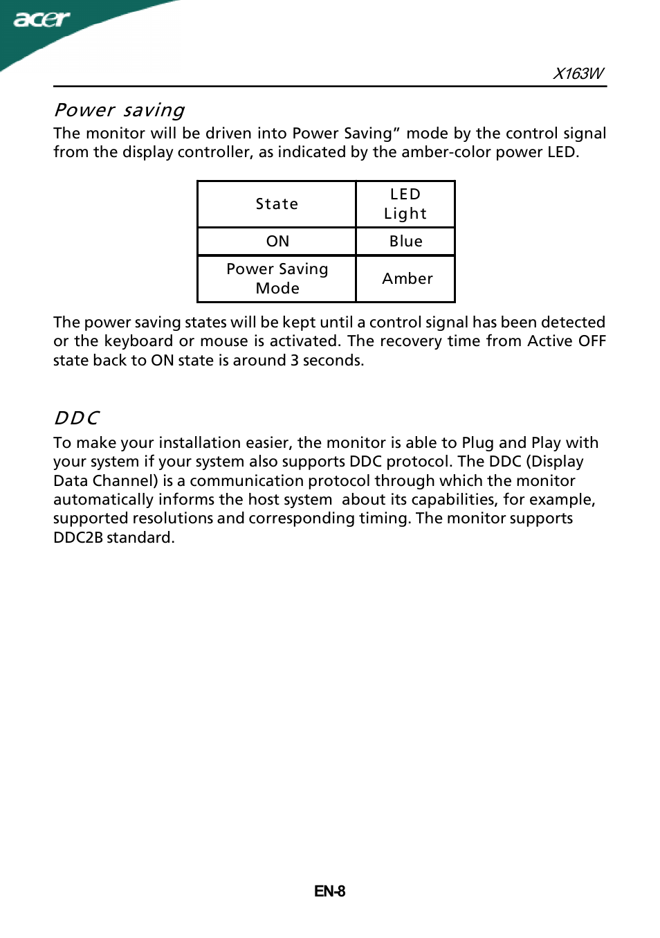 Power saving, Dd c | Acer X163W User Manual | Page 9 / 23