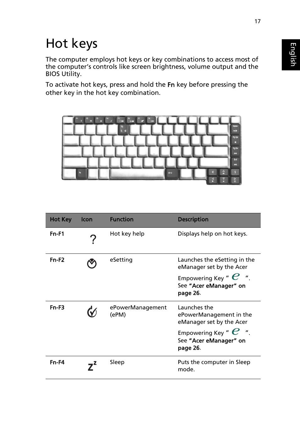 Hot keys | Acer Extensa 4100 User Manual | Page 27 / 86