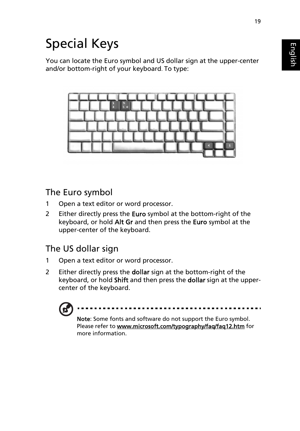 Special keys, The euro symbol, The us dollar sign | Acer Extensa 4100 User Manual | Page 29 / 86