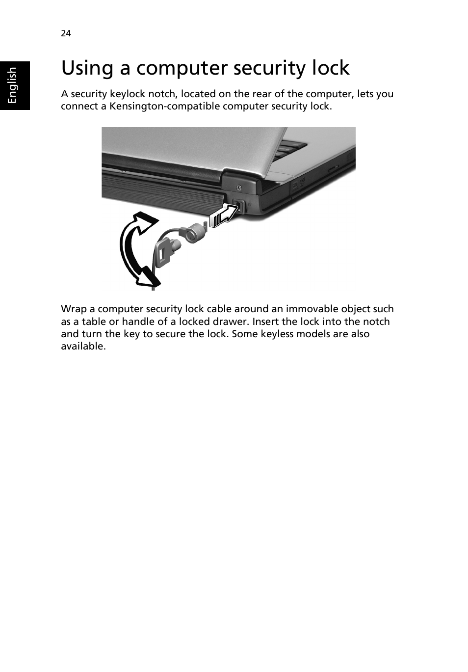 Using a computer security lock | Acer Extensa 4100 User Manual | Page 34 / 86