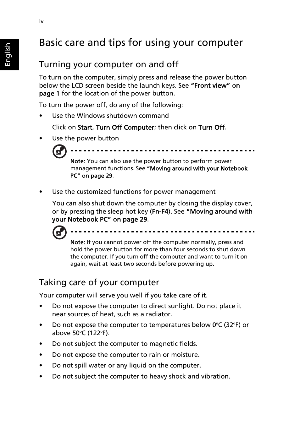 Basic care and tips for using your computer, Turning your computer on and off, Taking care of your computer | Acer Extensa 4100 User Manual | Page 4 / 86