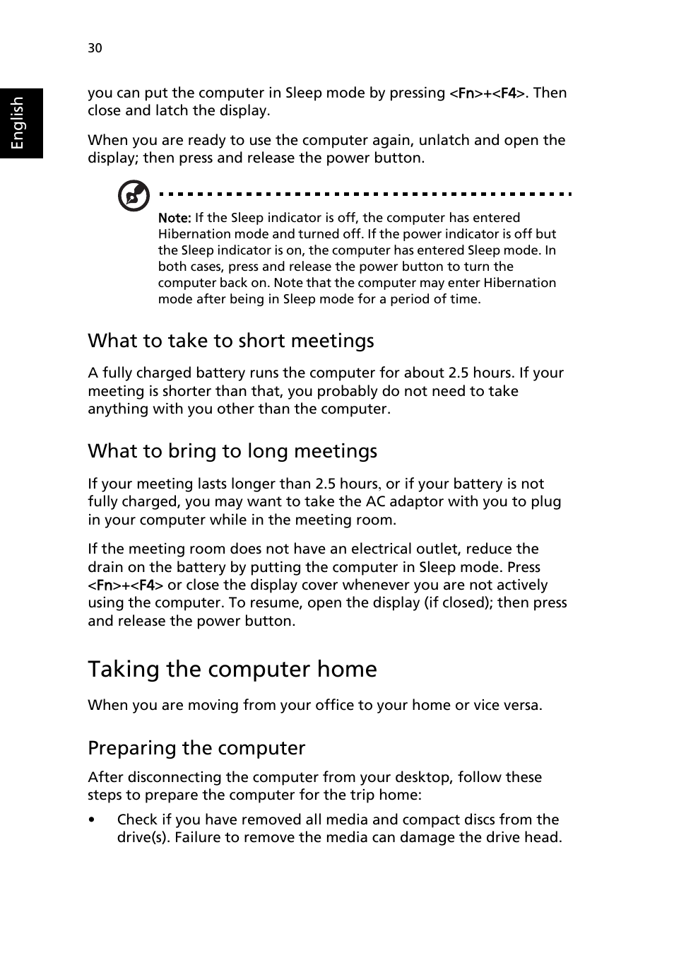 Taking the computer home, What to take to short meetings, What to bring to long meetings | Preparing the computer | Acer Extensa 4100 User Manual | Page 40 / 86