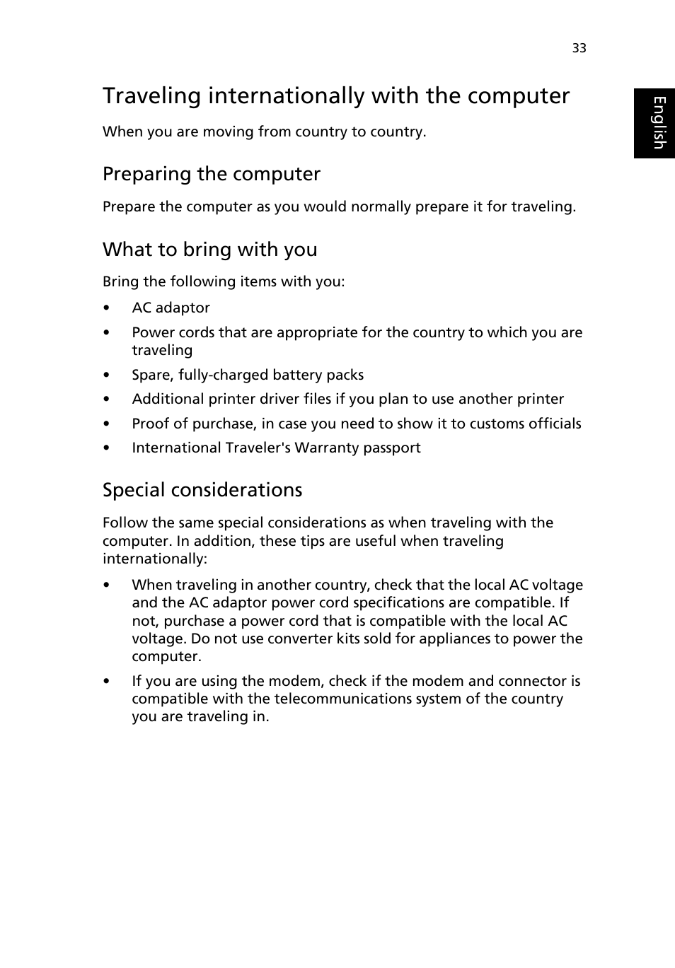Traveling internationally with the computer, Preparing the computer, What to bring with you | Special considerations | Acer Extensa 4100 User Manual | Page 43 / 86