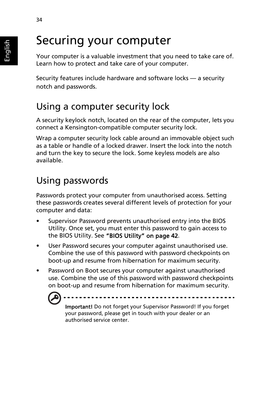 Securing your computer, Using a computer security lock, Using passwords | Acer Extensa 4100 User Manual | Page 44 / 86