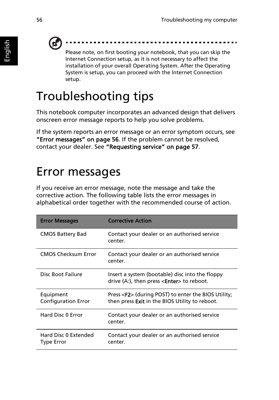 Troubleshooting tips, Error messages | Acer Extensa 4100 User Manual | Page 66 / 86