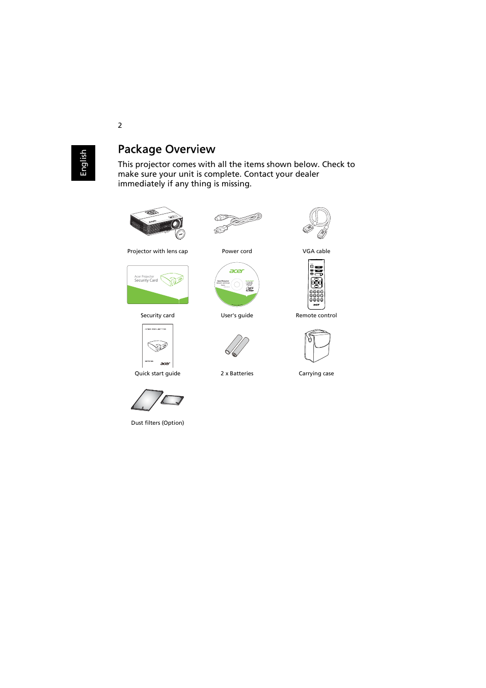 Package overview | Acer H6500 User Manual | Page 12 / 56