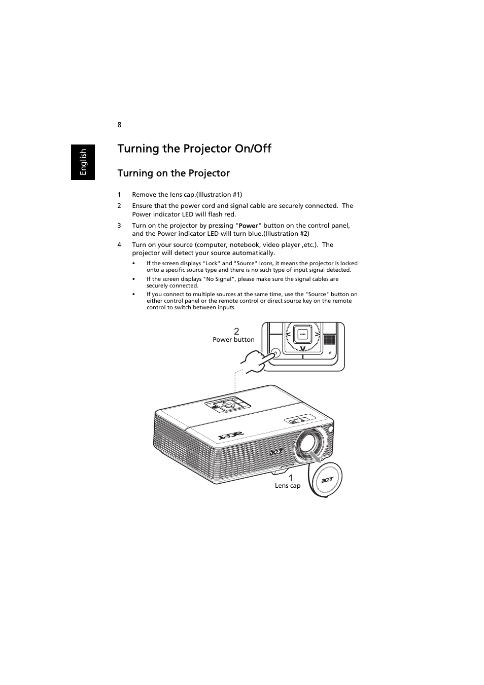 Turning the projector on/off, Turning on the projector | Acer H6500 User Manual | Page 18 / 56