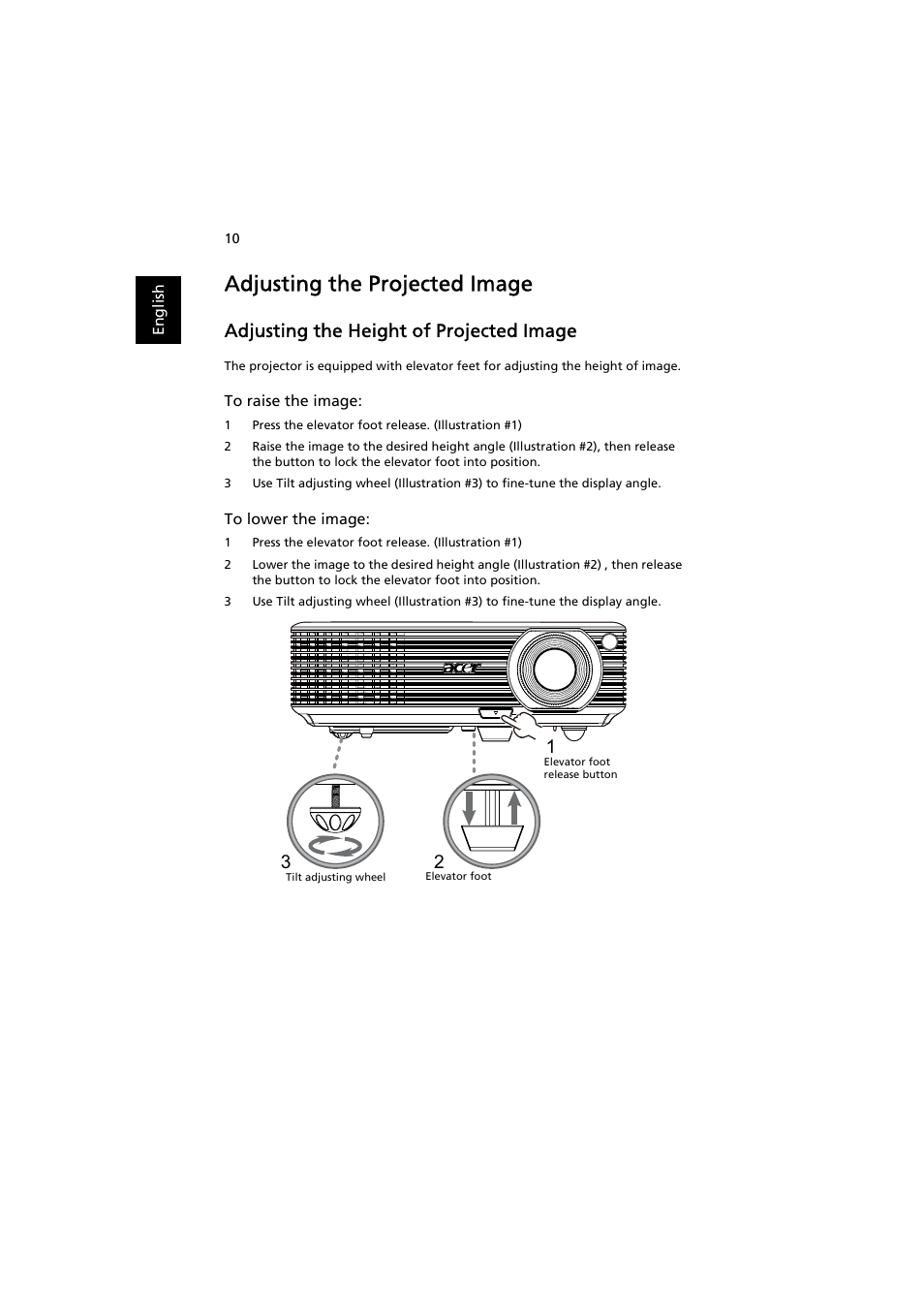 Adjusting the projected image, Adjusting the height of projected image | Acer H6500 User Manual | Page 20 / 56