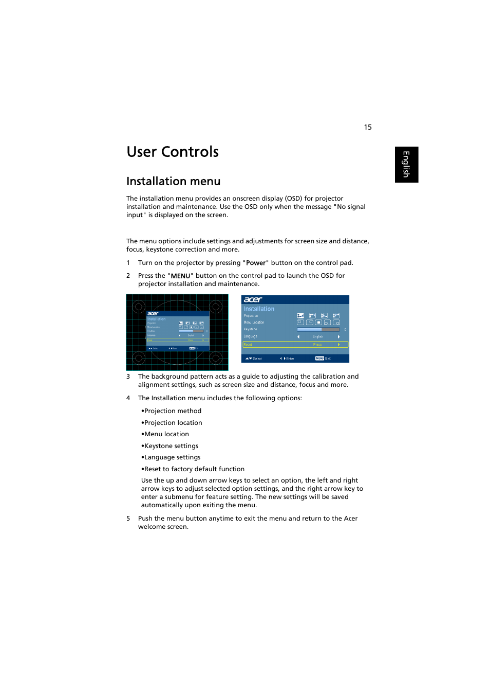 User controls, Installation menu | Acer H6500 User Manual | Page 25 / 56