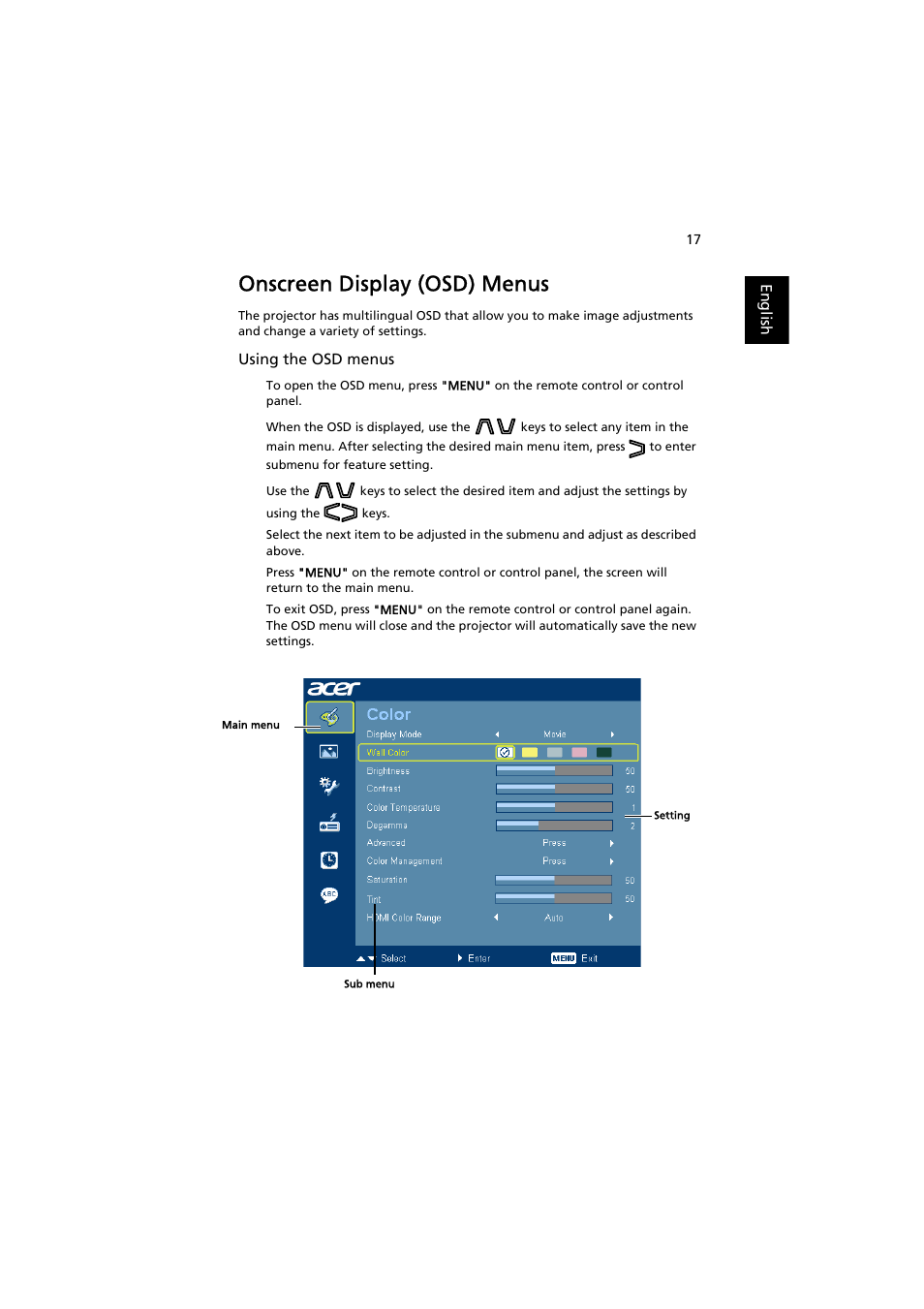 Onscreen display (osd) menus | Acer H6500 User Manual | Page 27 / 56