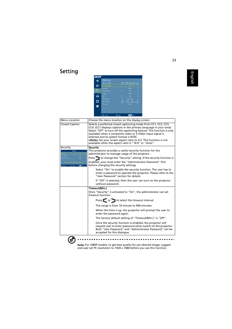 Setting | Acer H6500 User Manual | Page 33 / 56