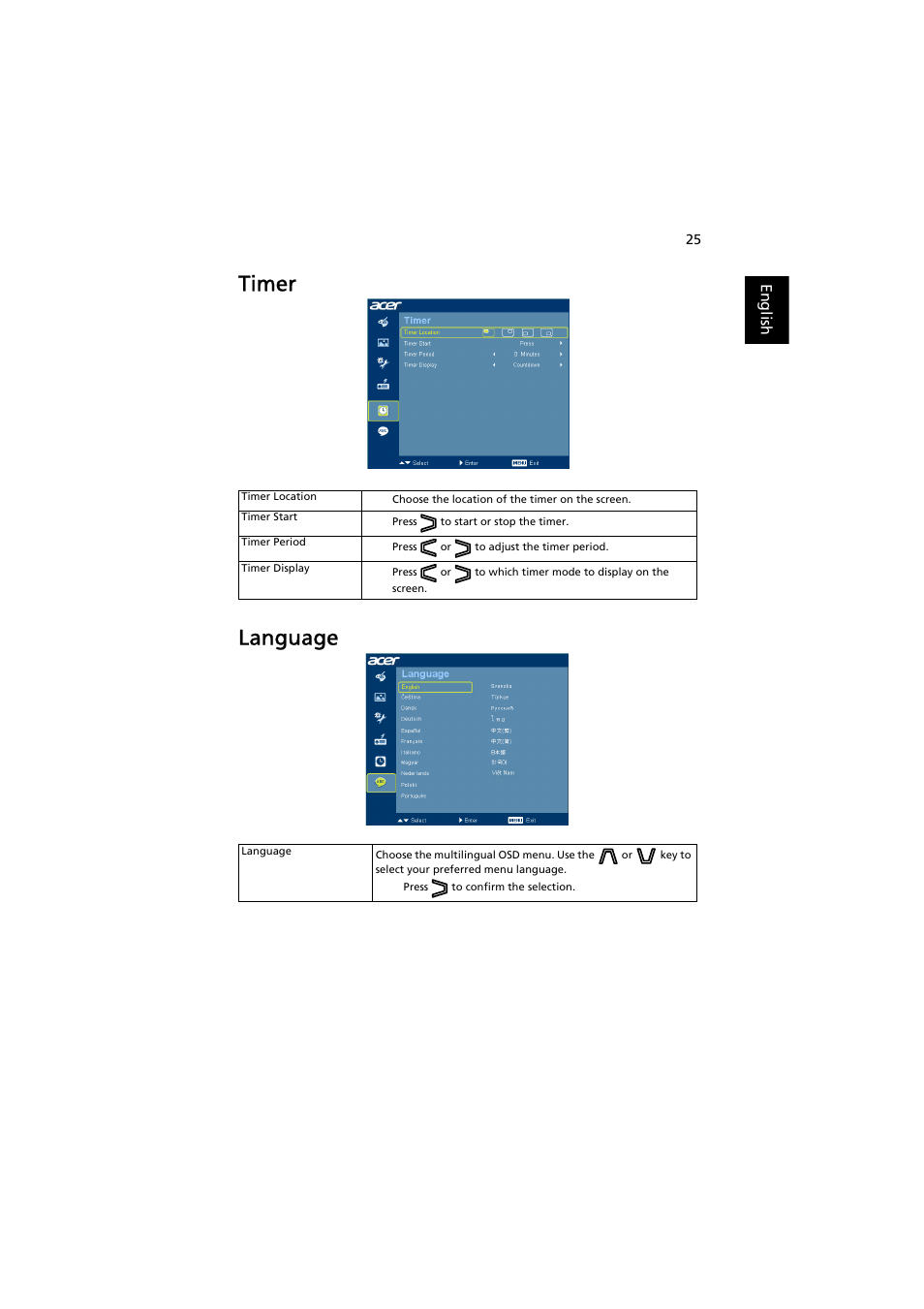 Timer, Language, Timer language | Acer H6500 User Manual | Page 35 / 56