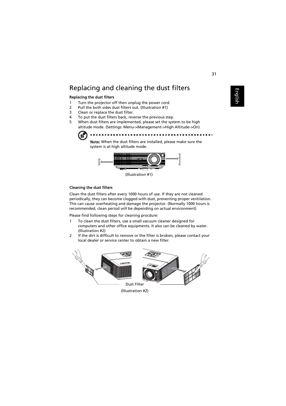 Replacing and cleaning the dust filters | Acer H6500 User Manual | Page 41 / 56