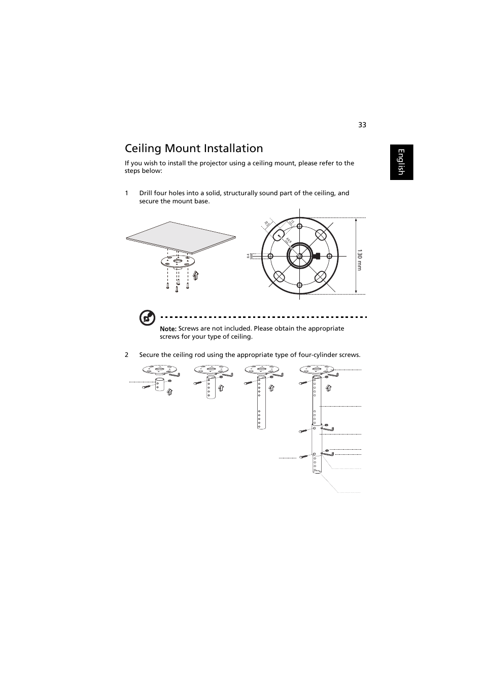 Ceiling mount installation, English | Acer H6500 User Manual | Page 43 / 56