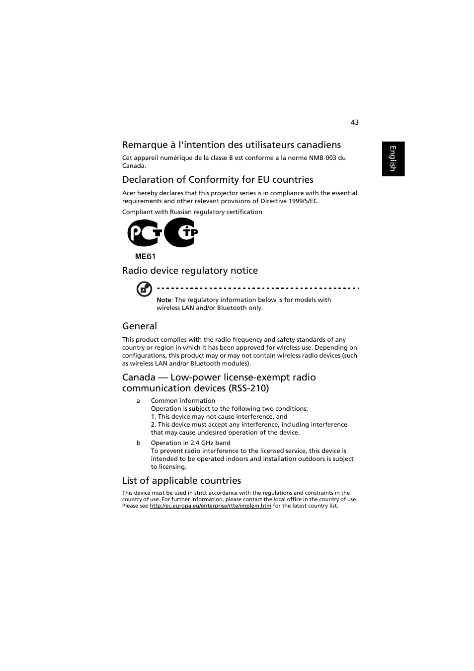 Remarque à l'intention des utilisateurs canadiens, Declaration of conformity for eu countries, Radio device regulatory notice | General, List of applicable countries | Acer H6500 User Manual | Page 53 / 56