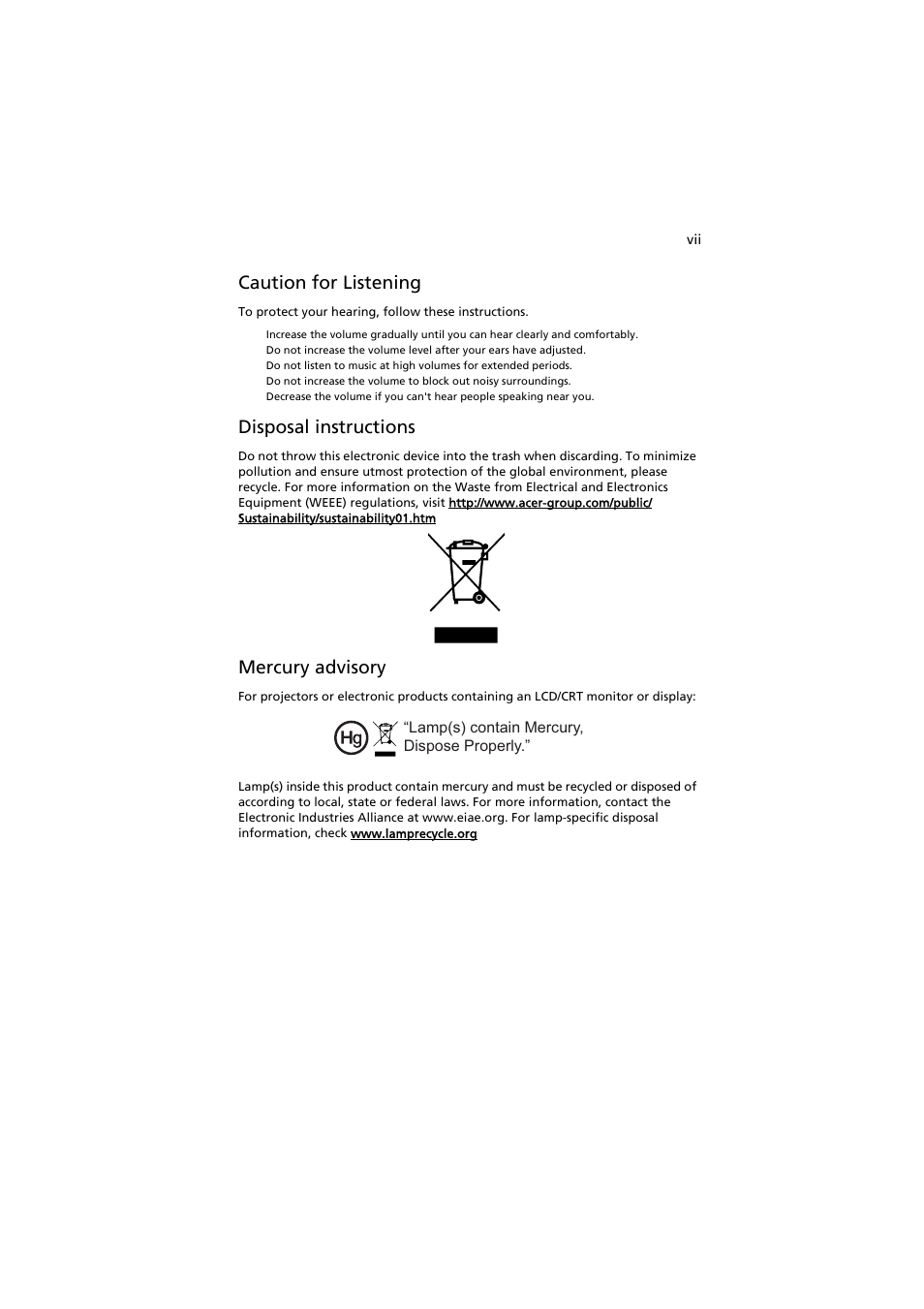 Caution for listening, Disposal instructions, Mercury advisory | Acer H6500 User Manual | Page 7 / 56