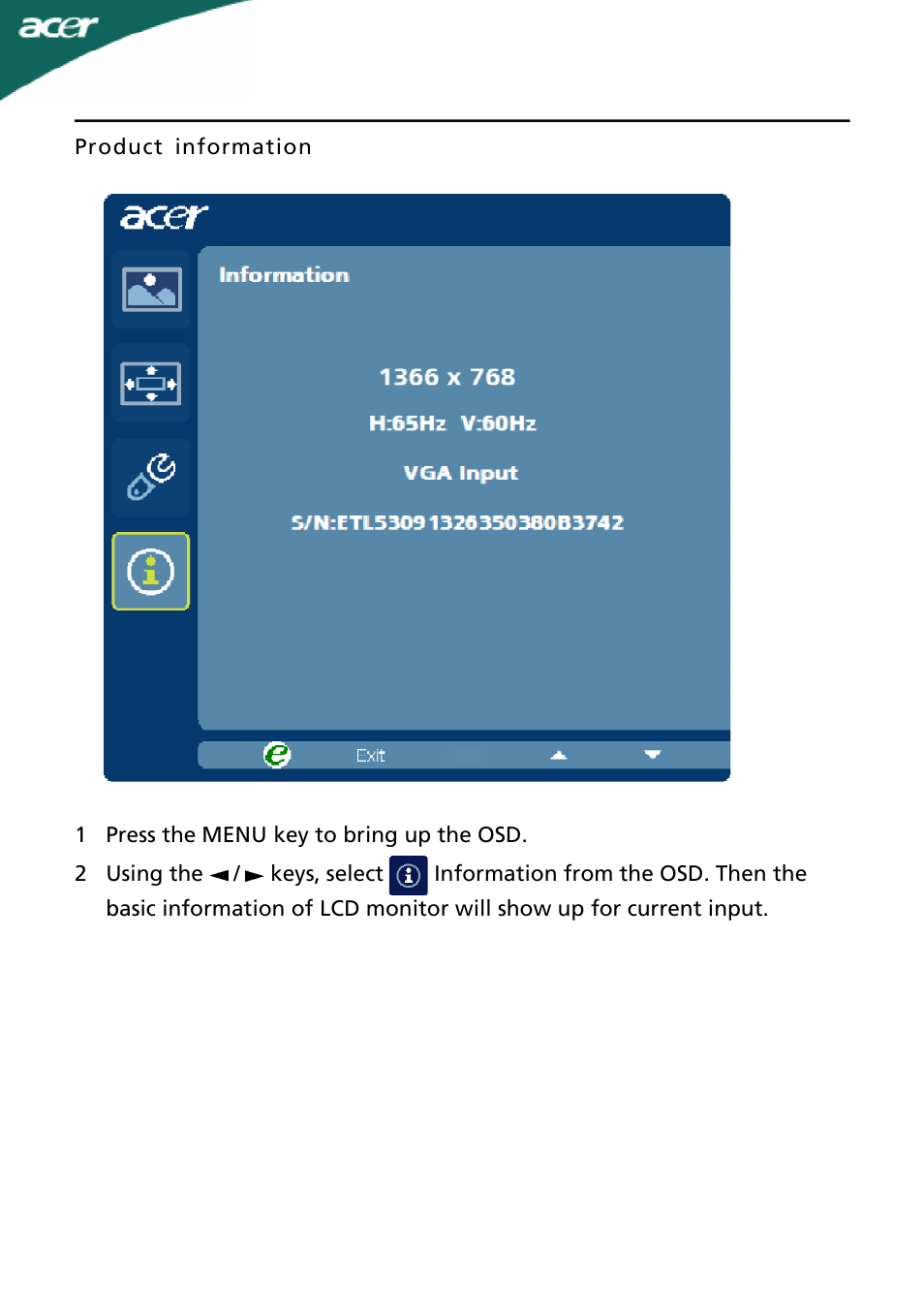 Acer A181HL User Manual | Page 19 / 23