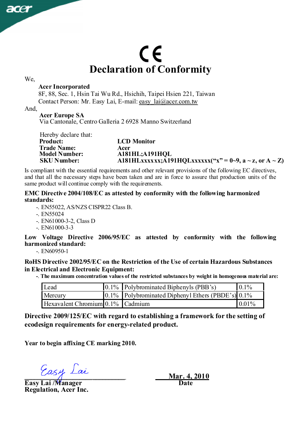 Declaration of conformity | Acer A181HL User Manual | Page 22 / 23