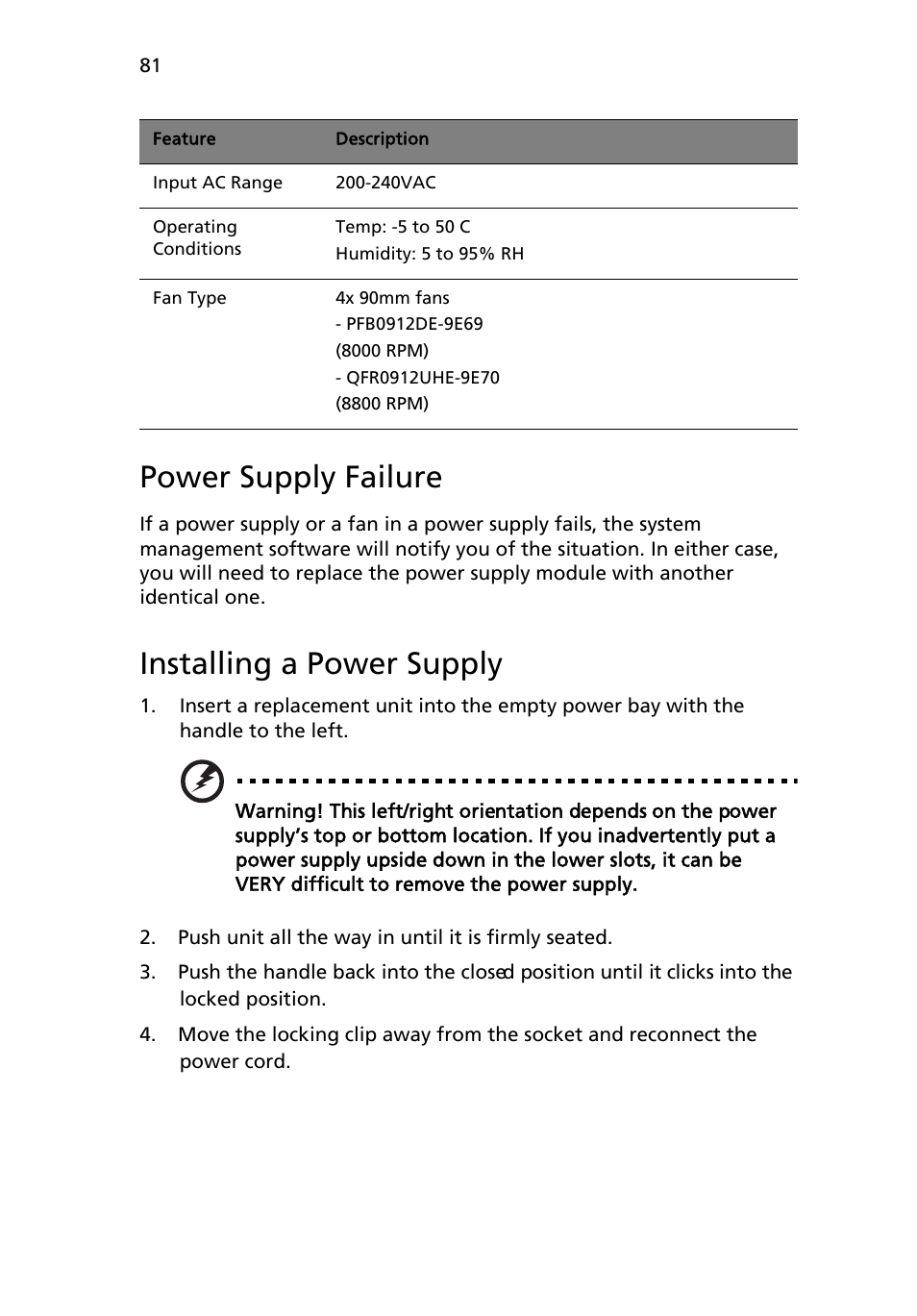 Power supply failure, Installing a power supply | Acer AB460 F1 User Manual | Page 101 / 618