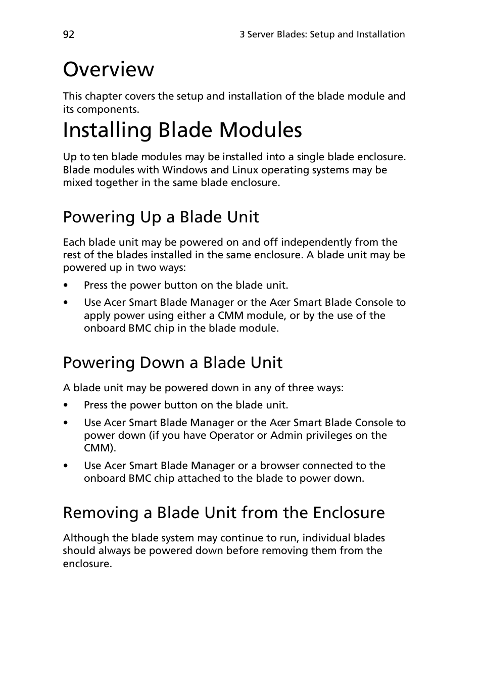 Overview, Installing blade modules, Powering up a blade unit | Powering down a blade unit, Removing a blade unit from the enclosure | Acer AB460 F1 User Manual | Page 112 / 618