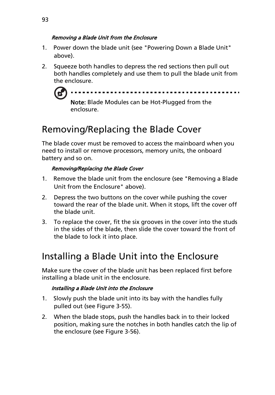 Removing/replacing the blade cover, Installing a blade unit into the enclosure | Acer AB460 F1 User Manual | Page 113 / 618