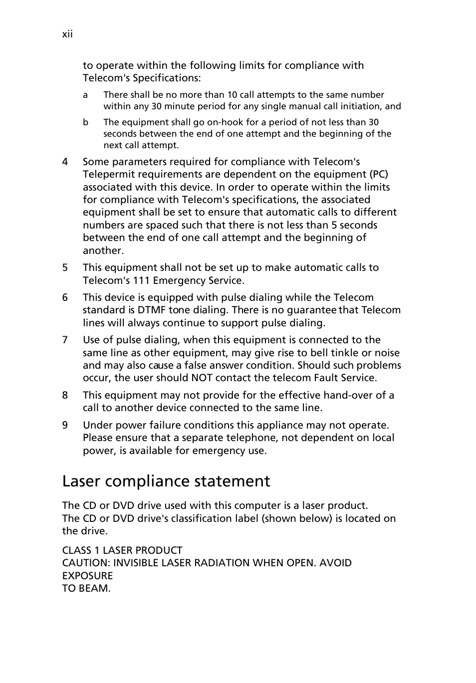 Laser compliance statement | Acer AB460 F1 User Manual | Page 12 / 618