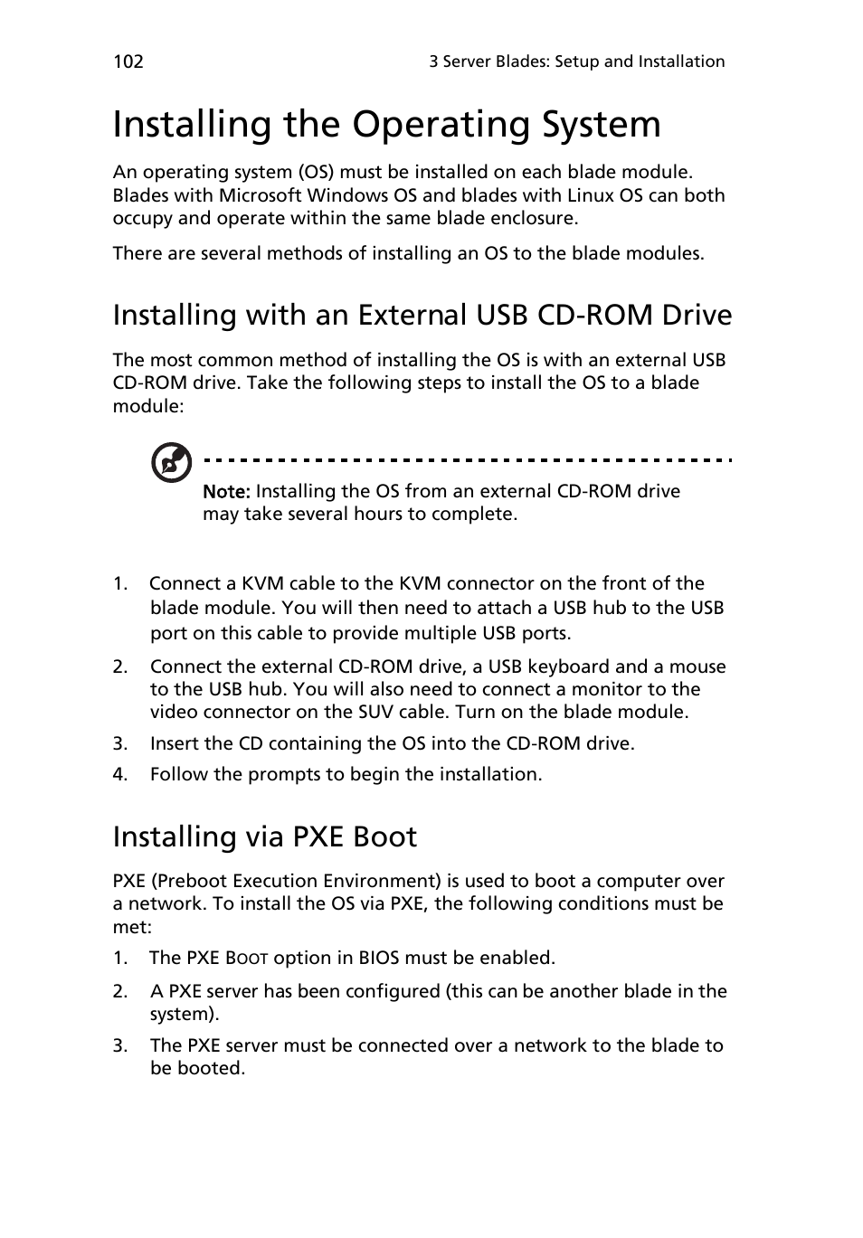 Installing the operating system, Installing with an external usb cd-rom drive, Installing via pxe boot | Acer AB460 F1 User Manual | Page 122 / 618