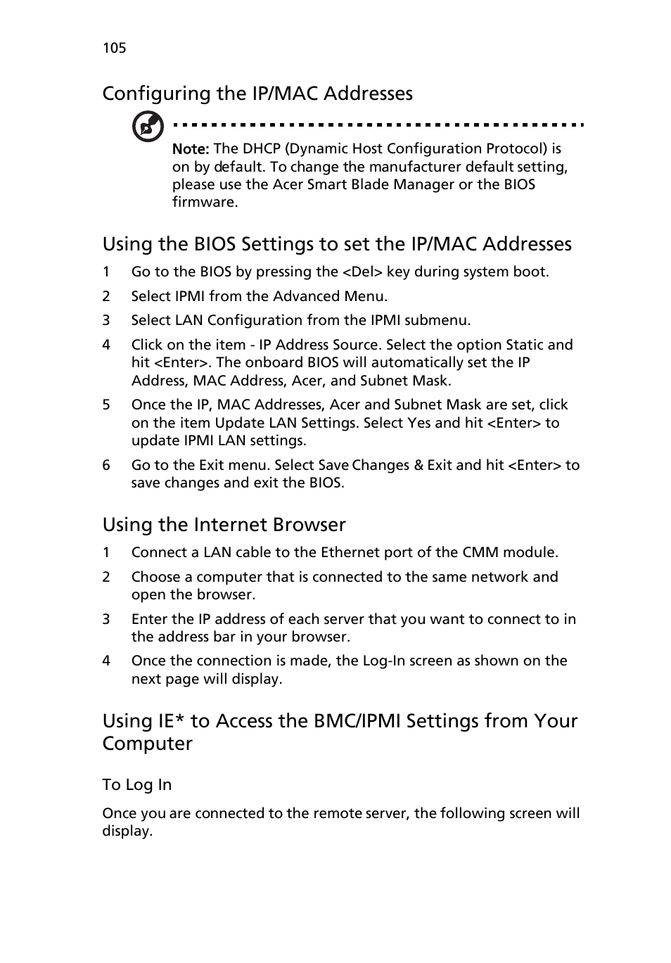 Configuring the ip/mac addresses, Using the internet browser | Acer AB460 F1 User Manual | Page 125 / 618