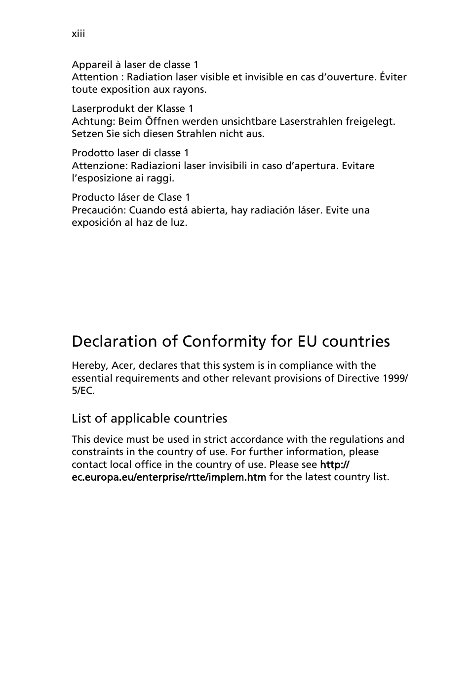 Declaration of conformity for eu countries, List of applicable countries | Acer AB460 F1 User Manual | Page 13 / 618