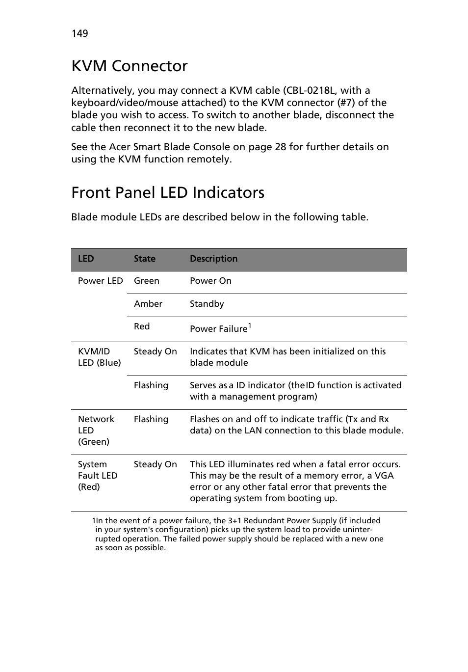 Kvm connector, Front panel led indicators | Acer AB460 F1 User Manual | Page 169 / 618