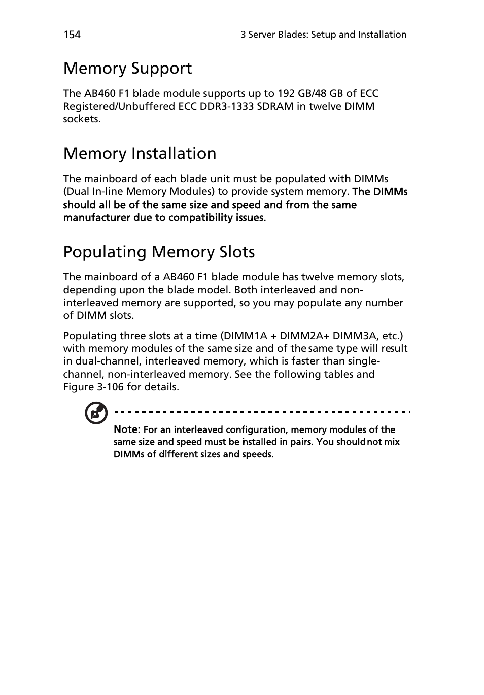 Memory support, Memory installation, Populating memory slots | Acer AB460 F1 User Manual | Page 174 / 618