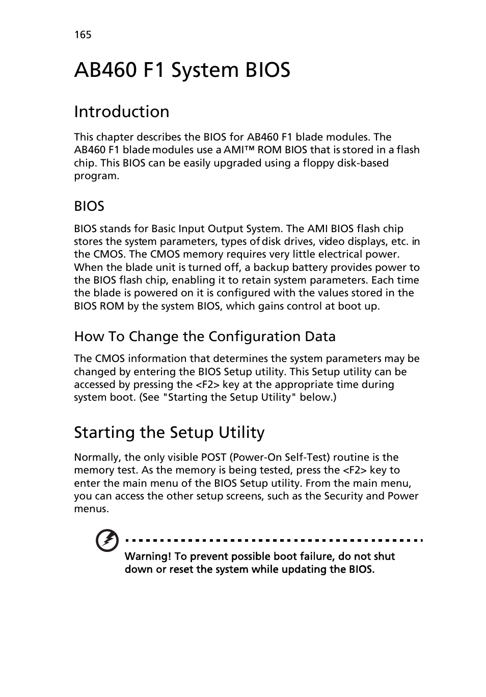 Ab460 f1 system bios, Introduction, Starting the setup utility | Acer AB460 F1 User Manual | Page 185 / 618