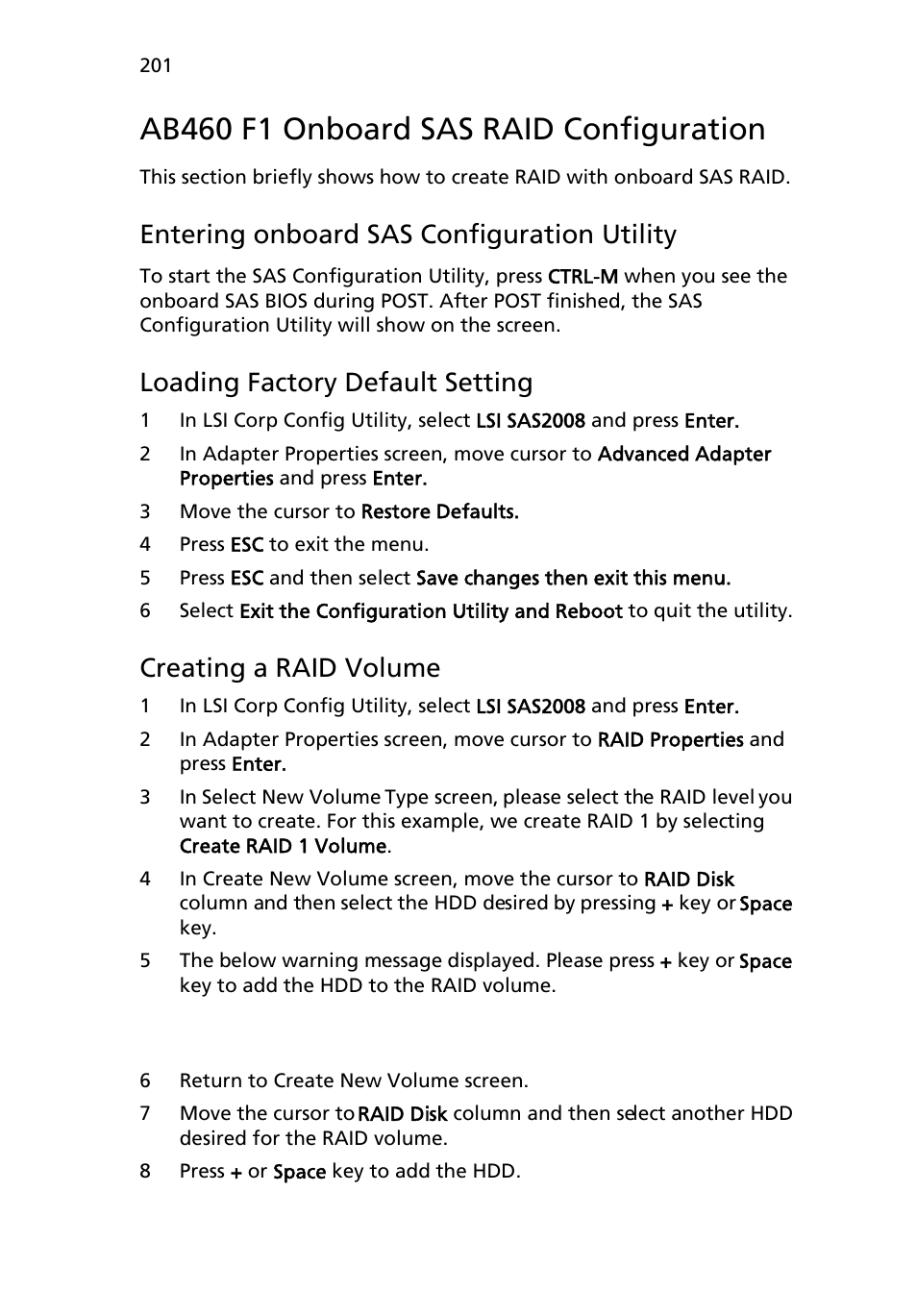 Ab460 f1 onboard sas raid configuration, Entering onboard sas configuration utility, Loading factory default setting | Creating a raid volume | Acer AB460 F1 User Manual | Page 221 / 618