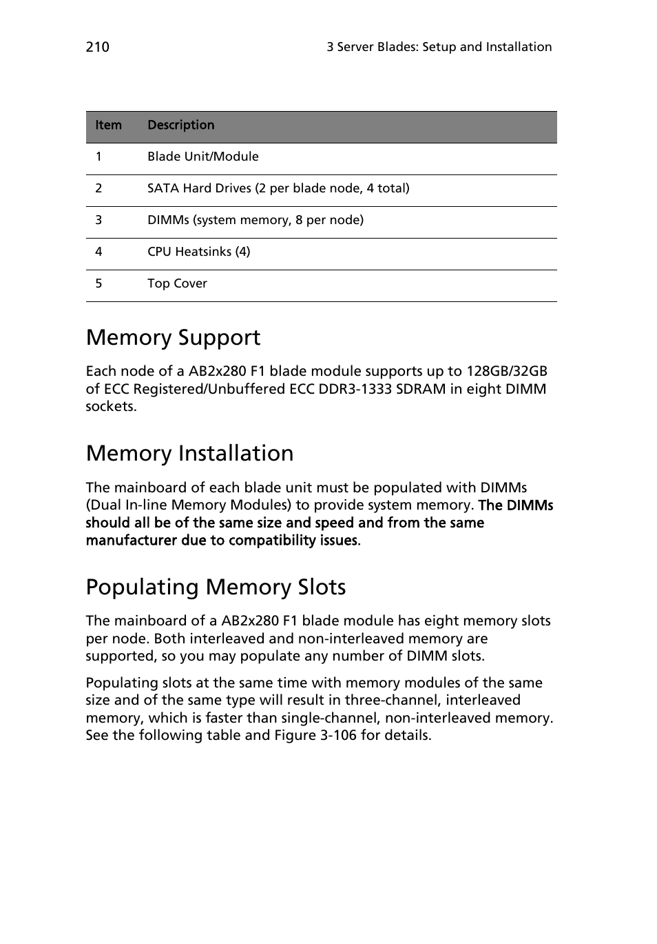 Memory support, Memory installation, Populating memory slots | Acer AB460 F1 User Manual | Page 230 / 618