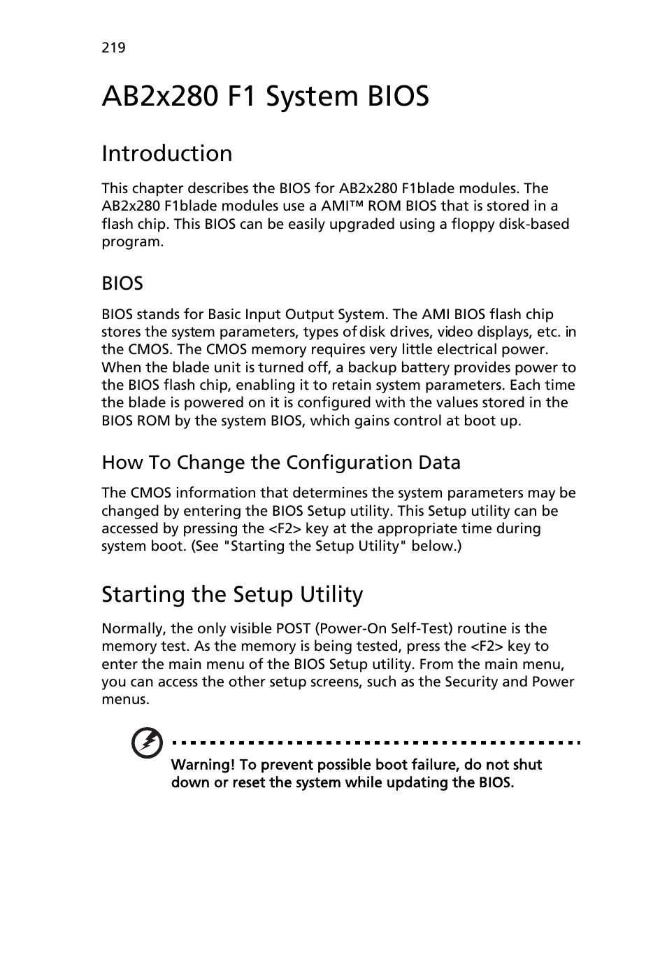 Ab2x280 f1 system bios, Introduction, Starting the setup utility | Acer AB460 F1 User Manual | Page 239 / 618