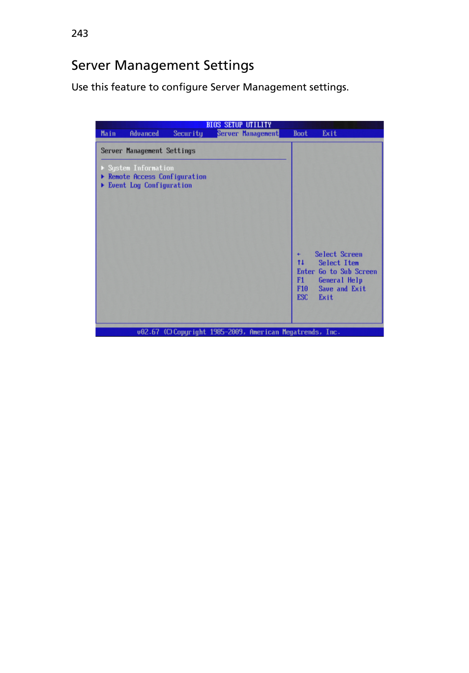 Server management settings | Acer AB460 F1 User Manual | Page 263 / 618
